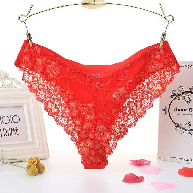 Lace Panties Low-waist Brief Thong Floral Embroidered Underwear T-back Transparent G String Underpant Lingerie