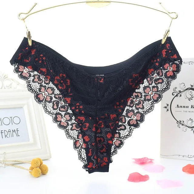 Lace Panties Low-waist Brief Thong Floral Embroidered Underwear T-back Transparent G String Underpant Lingerie