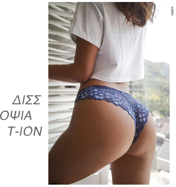 Lace Panties Low-waist Brief Thong Floral Embroidered Underwear T-back Transparent G String Underpant Lingerie