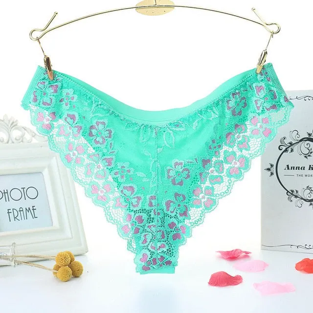 Lace Panties Low-waist Brief Thong Floral Embroidered Underwear T-back Transparent G String Underpant Lingerie