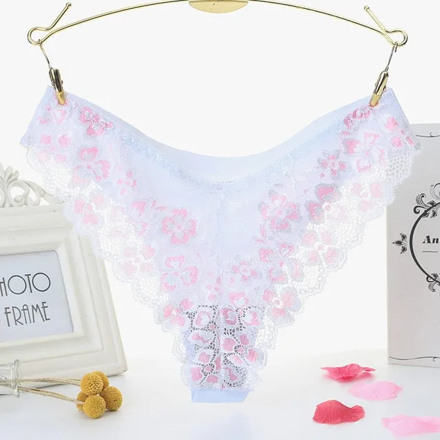 Lace Panties Low-waist Brief Thong Floral Embroidered Underwear T-back Transparent G String Underpant Lingerie