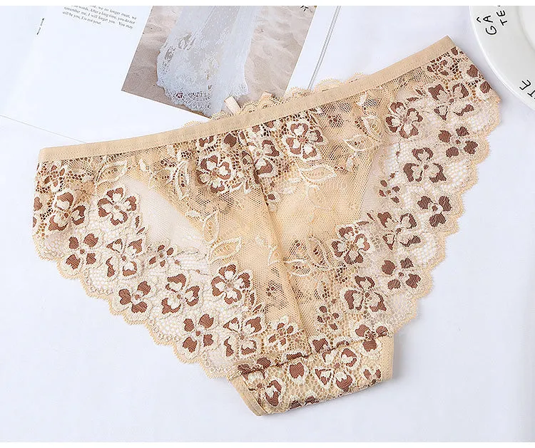 Lace Panties Low-waist Brief Thong Floral Embroidered Underwear T-back Transparent G String Underpant Lingerie