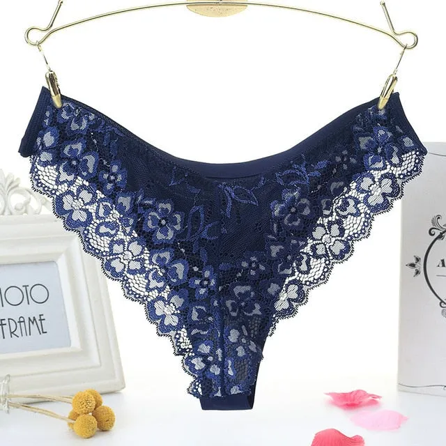 Lace Panties Low-waist Brief Thong Floral Embroidered Underwear T-back Transparent G String Underpant Lingerie