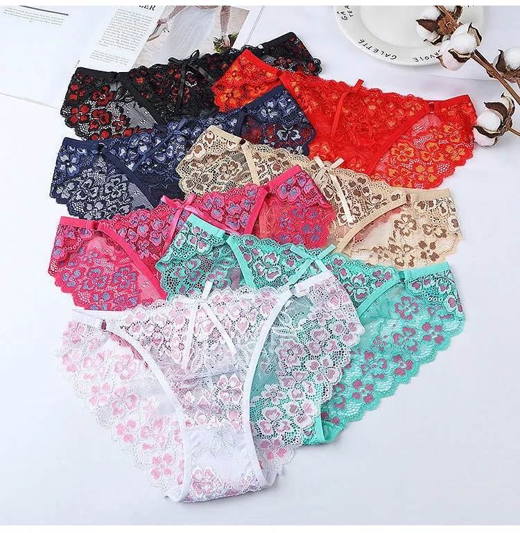 Lace Panties Low-waist Brief Thong Floral Embroidered Underwear T-back Transparent G String Underpant Lingerie