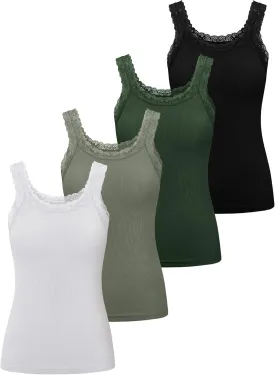 Lasnten 4 Pieces Lace Camisole Tank Tops for Women Ribbed Cami Top Lacework Undershirt Patchwork Tank Lace Trim Cami