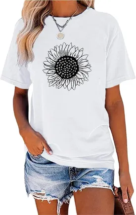 MaQiYa Womens Cute Sunflower Graphic Printed Tee Shirts Vintage Short Sleeve Cotton Shirts Tops