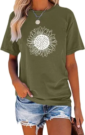 MaQiYa Womens Cute Sunflower Graphic Printed Tee Shirts Vintage Short Sleeve Cotton Shirts Tops