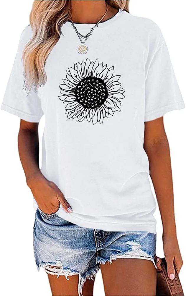 MaQiYa Womens Cute Sunflower Graphic Printed Tee Shirts Vintage Short Sleeve Cotton Shirts Tops