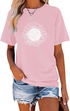 MaQiYa Womens Cute Sunflower Graphic Printed Tee Shirts Vintage Short Sleeve Cotton Shirts Tops