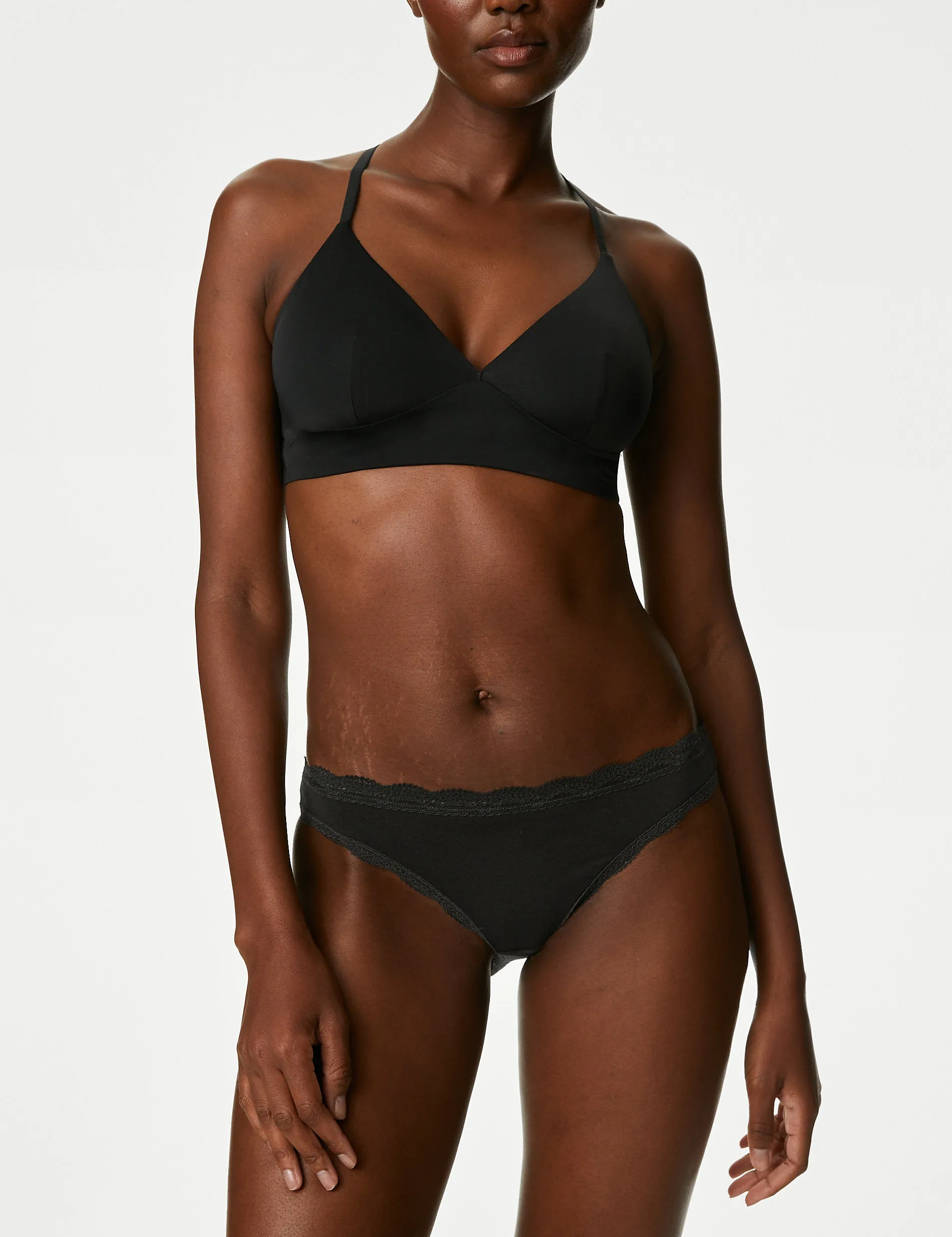 Marks & Spencer 3 pair cotton and lace bikini briefs, black