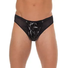 Mens Wet Look Black G-string with Pvc Pouch