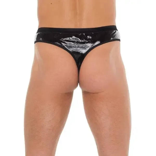 Mens Wet Look Black G-string with Pvc Pouch