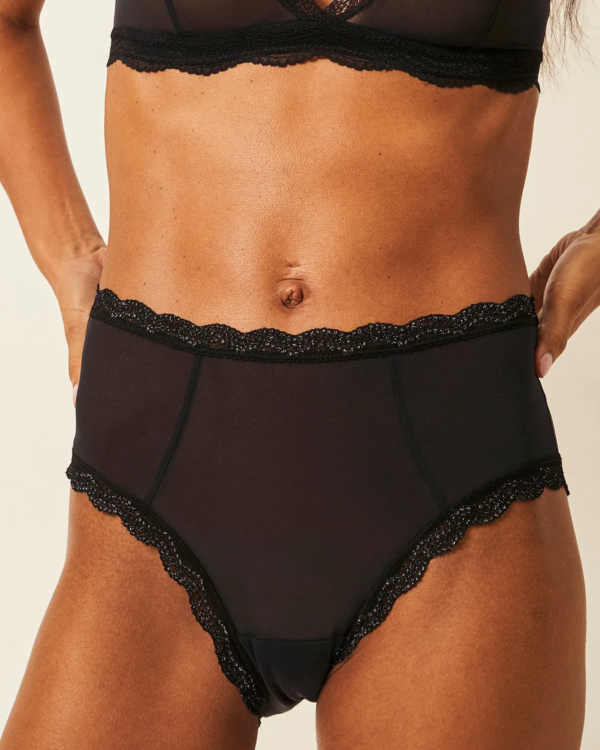 Mesh High Rise Brief - Black Sparkle Lace