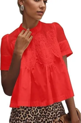 MISSACTIVER Women Lace Trim Short Sleeve Blouse Swing Crew Neck Ruffle Hem Mesh Shirts Summer Loose Poplin Babydoll Tops