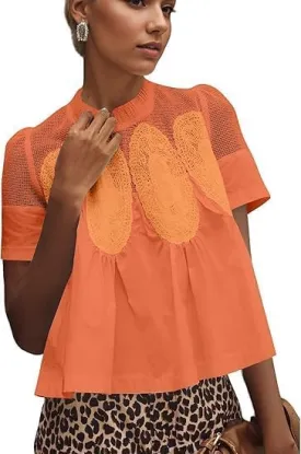 MISSACTIVER Women Lace Trim Short Sleeve Blouse Swing Crew Neck Ruffle Hem Mesh Shirts Summer Loose Poplin Babydoll Tops