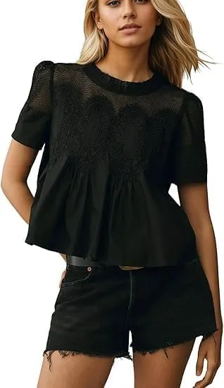 MISSACTIVER Women Lace Trim Short Sleeve Blouse Swing Crew Neck Ruffle Hem Mesh Shirts Summer Loose Poplin Babydoll Tops