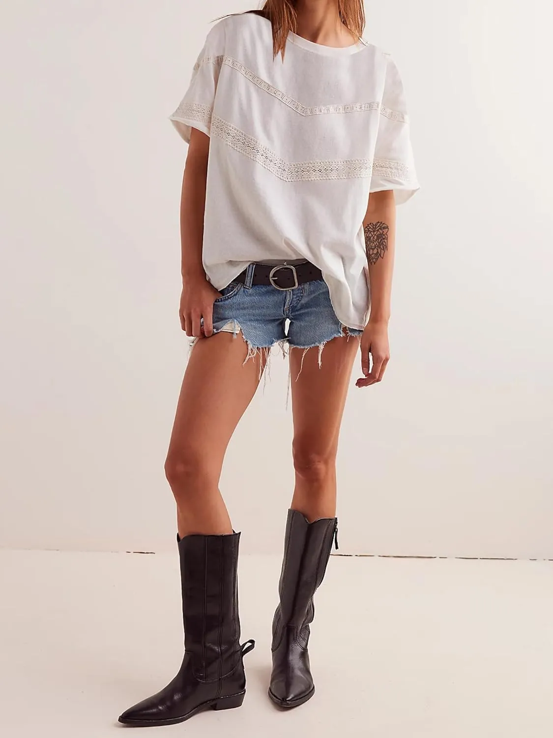 MISSACTIVER Women Oversized Tee Shirt Lace Patchwork Short Sleeve T-Shirt Loose Crew Neck Cotton Summer Tops Streetwear