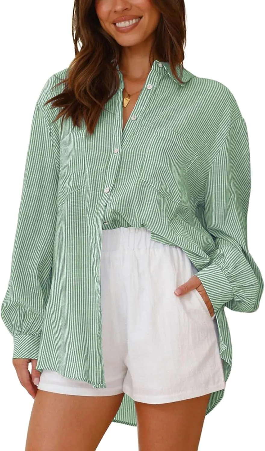 Neweek Womens Button Down Boyfriend Striped Shirts Long Sleeve Cotton Work Office Loose Blouses Tops with Pocket 2025