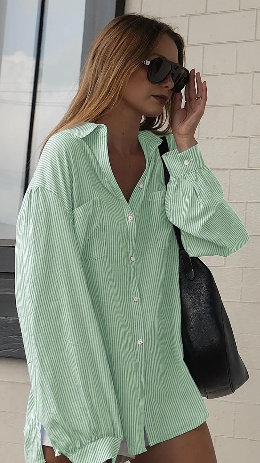 Neweek Womens Button Down Boyfriend Striped Shirts Long Sleeve Cotton Work Office Loose Blouses Tops with Pocket 2025