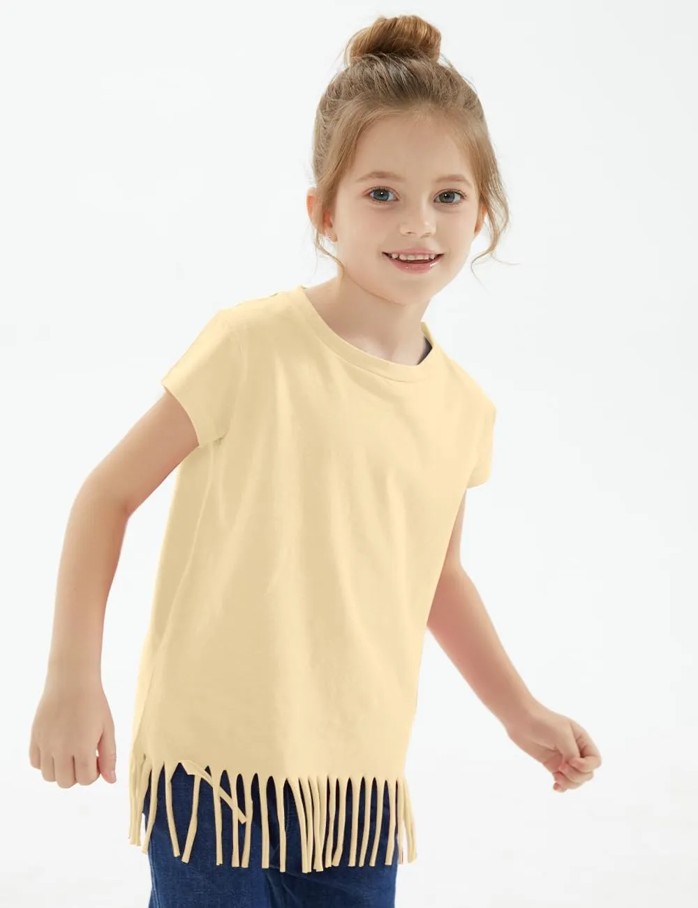 Noomelfish Girls Short Sleeve Fringe T-Shirts Soft Jersey Cotton Tee Tops (3-12 Years)