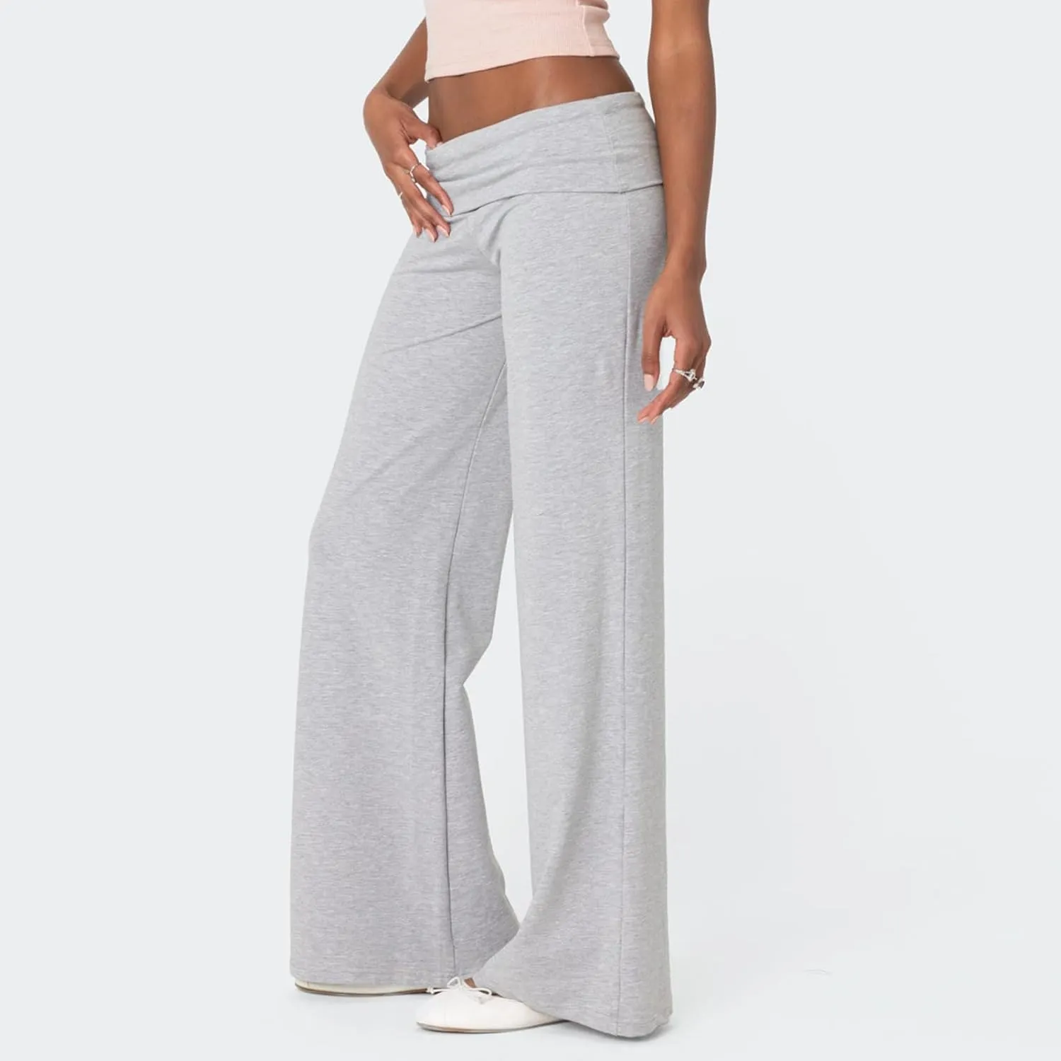 NZNDSHD Fold Over Yoga Pants for Women Low Rise Straight Leg Sweatpants Y2k Solid Color Stretchy Loose Gym Lounge Leggings