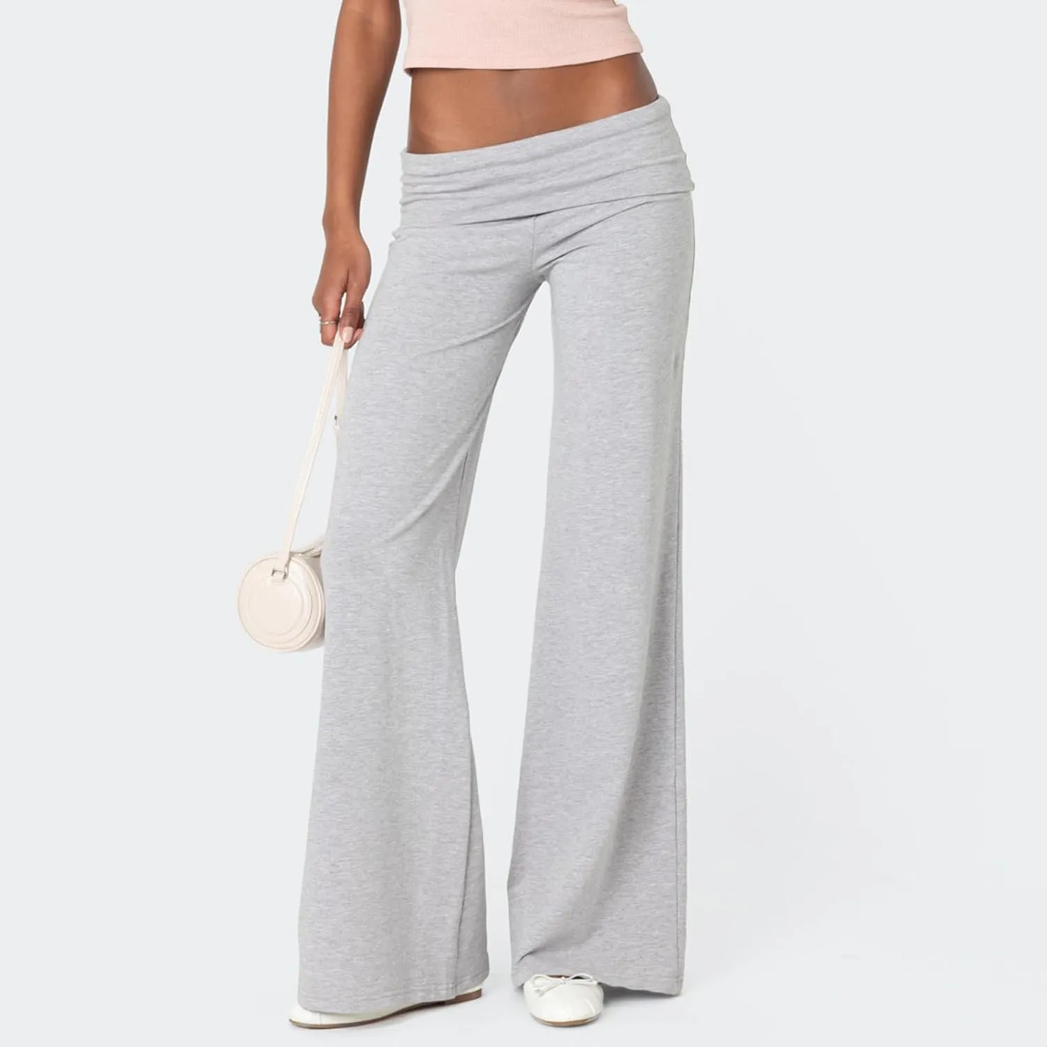 NZNDSHD Fold Over Yoga Pants for Women Low Rise Straight Leg Sweatpants Y2k Solid Color Stretchy Loose Gym Lounge Leggings
