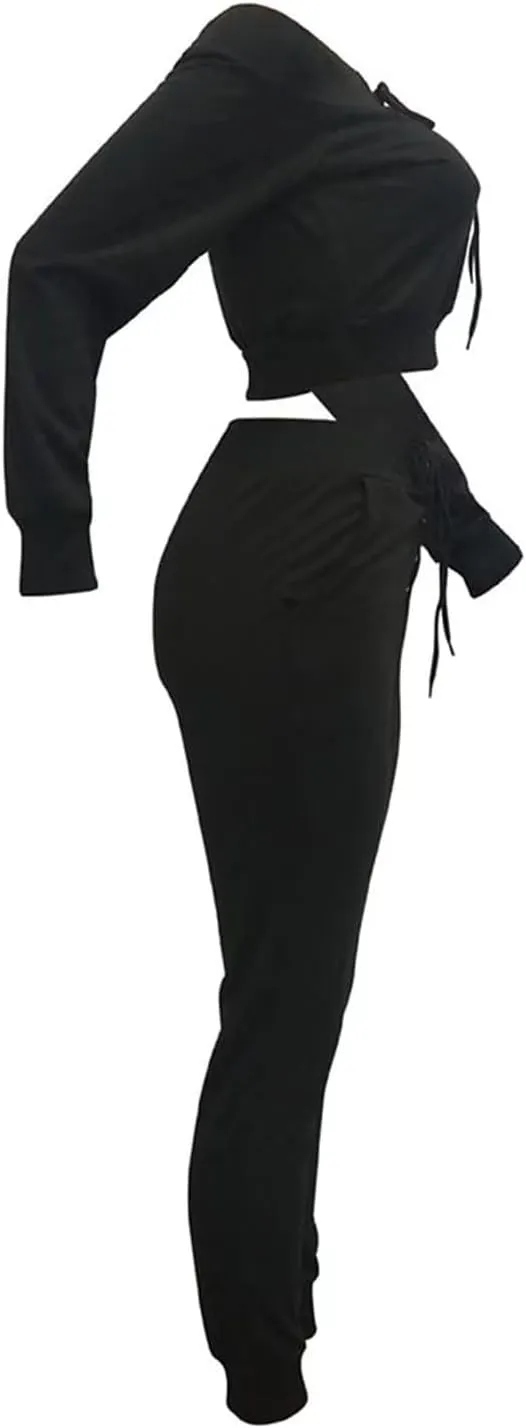 OLUOLIN Women Sexy Long Sleeve Two Pieces Outfits Tracksuit Lace Up Off Shoulder Casual Sweatsuit