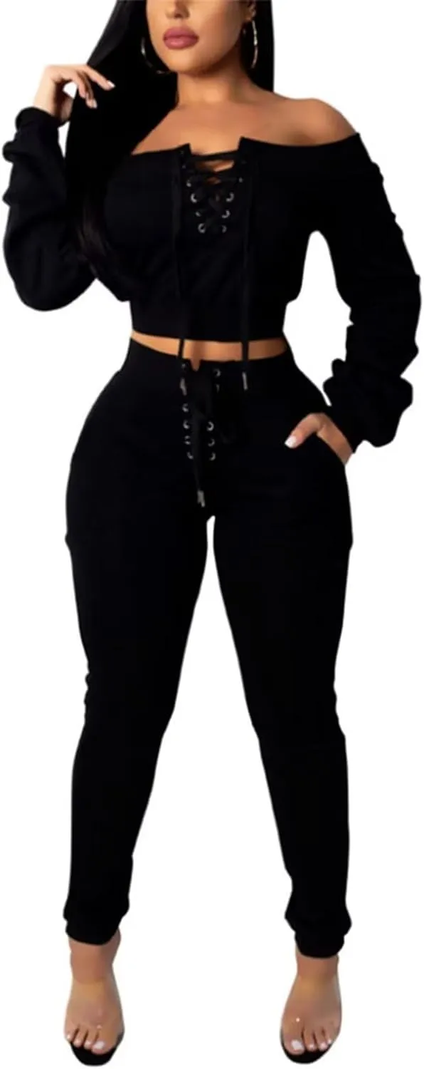 OLUOLIN Women Sexy Long Sleeve Two Pieces Outfits Tracksuit Lace Up Off Shoulder Casual Sweatsuit