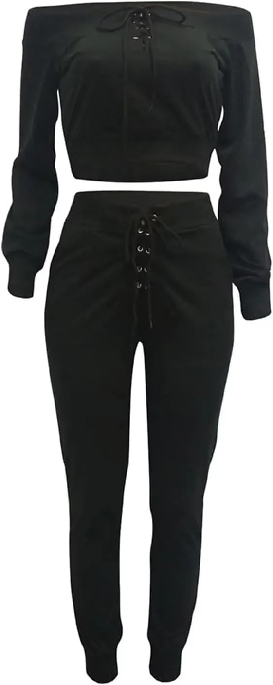 OLUOLIN Women Sexy Long Sleeve Two Pieces Outfits Tracksuit Lace Up Off Shoulder Casual Sweatsuit