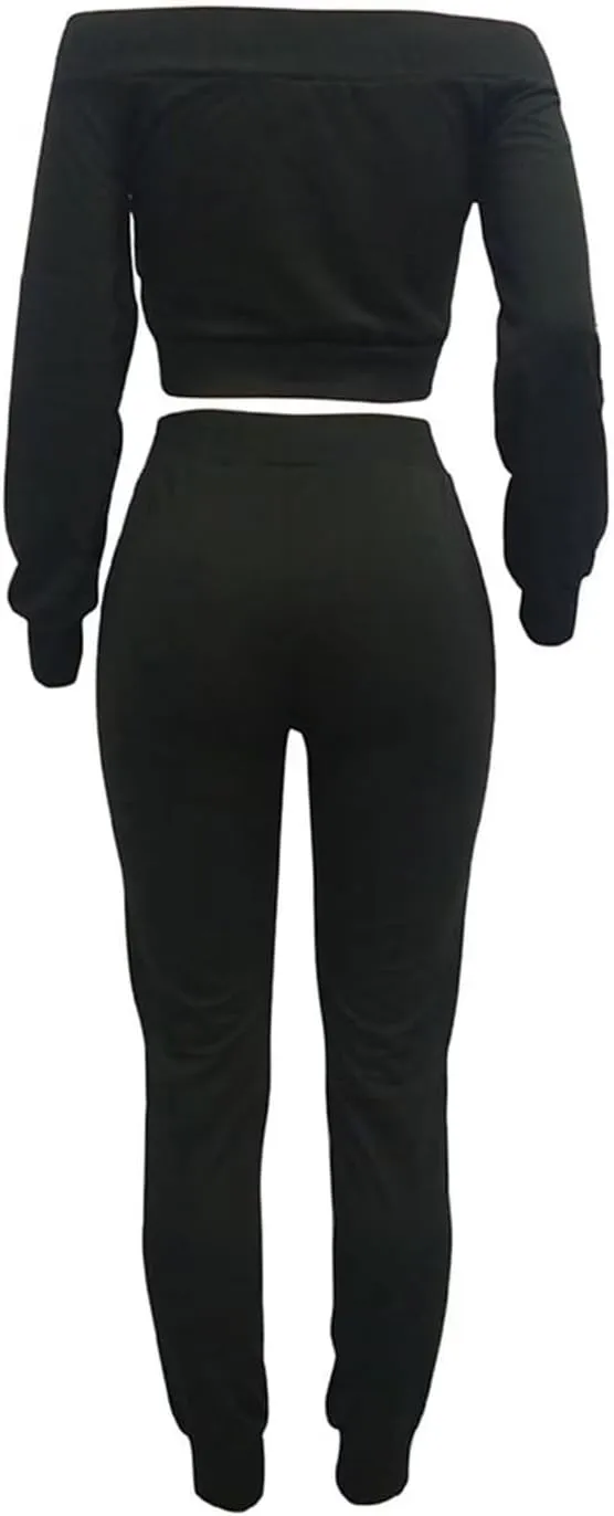 OLUOLIN Women Sexy Long Sleeve Two Pieces Outfits Tracksuit Lace Up Off Shoulder Casual Sweatsuit
