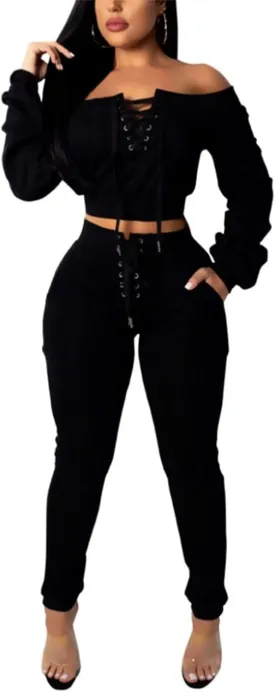 OLUOLIN Women Sexy Long Sleeve Two Pieces Outfits Tracksuit Lace Up Off Shoulder Casual Sweatsuit OLUOLIN Women Sexy Long Sleeve Two Pieces Outfits Tracksuit Lace Up Off Shoulder Casual Sweatsuit