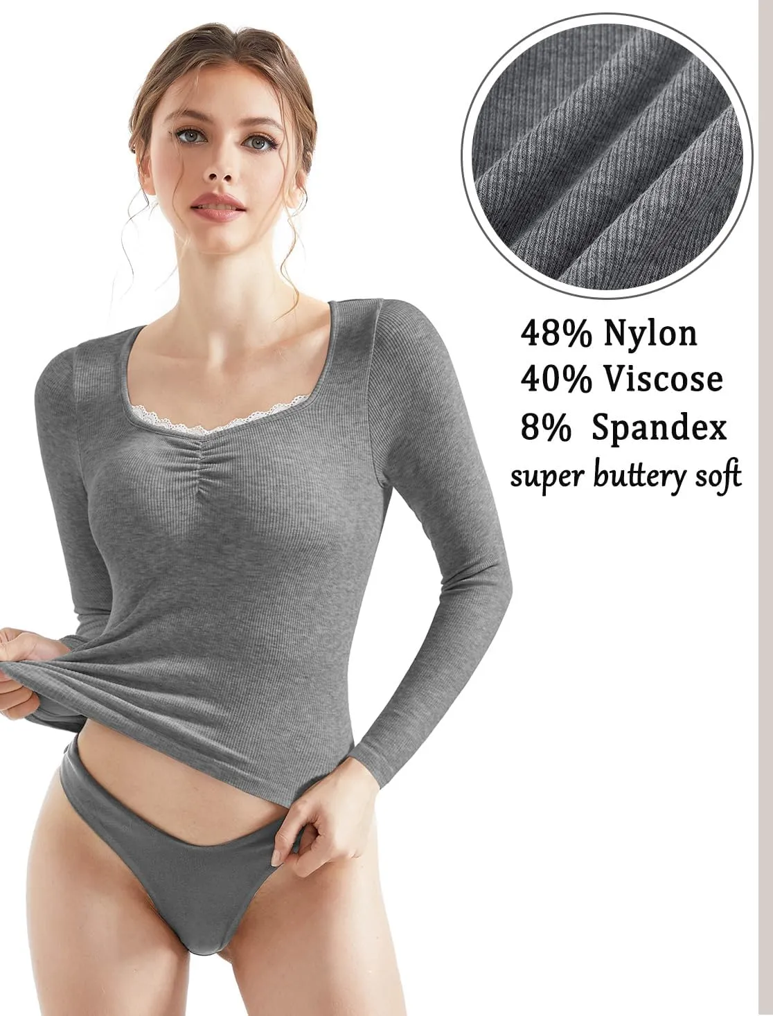 OMKAGI Women Long Sleeve Shirts Lace Trim Sweetheart Neck Y2K Top Ribbed Cotton Tee