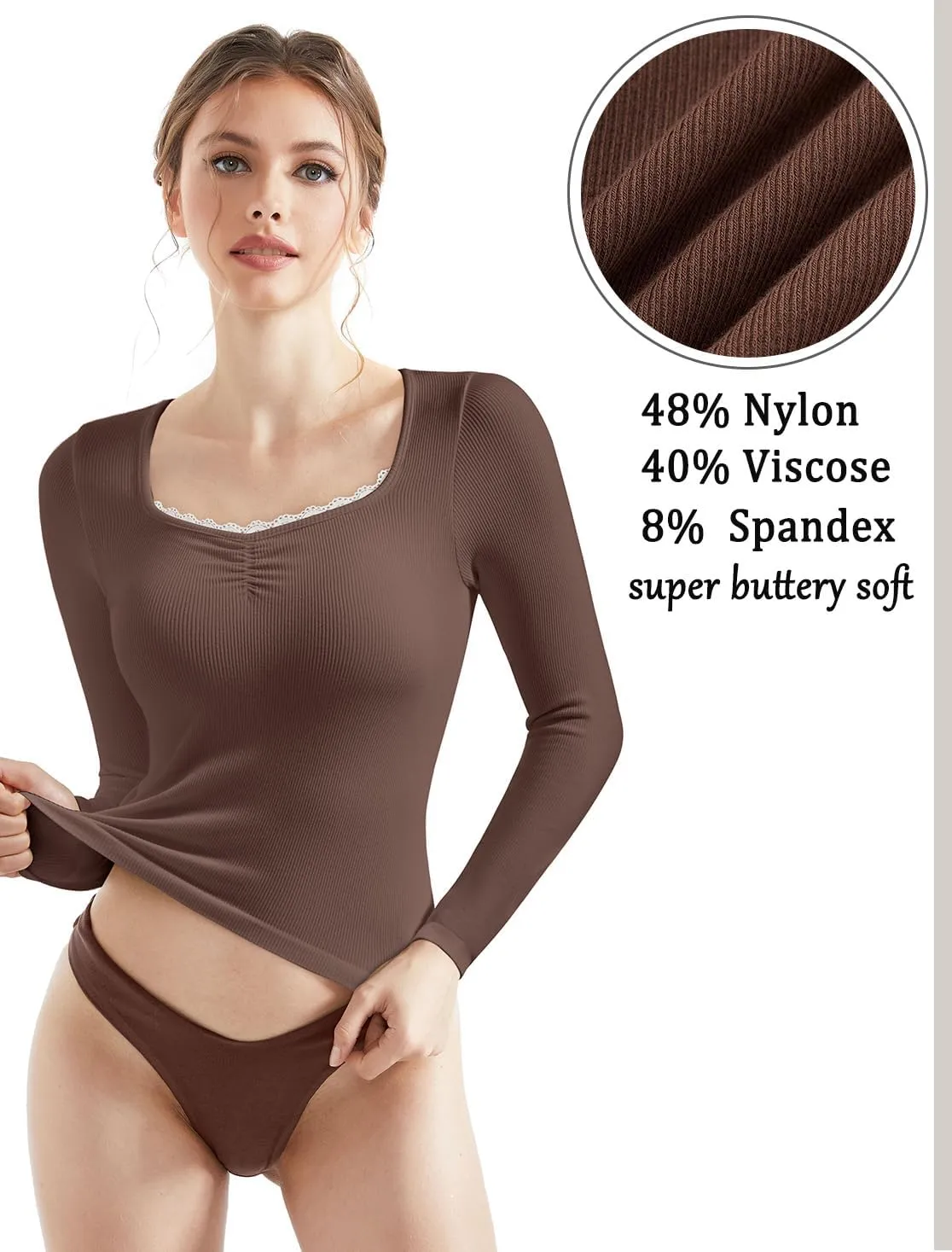 OMKAGI Women Long Sleeve Shirts Lace Trim Sweetheart Neck Y2K Top Ribbed Cotton Tee