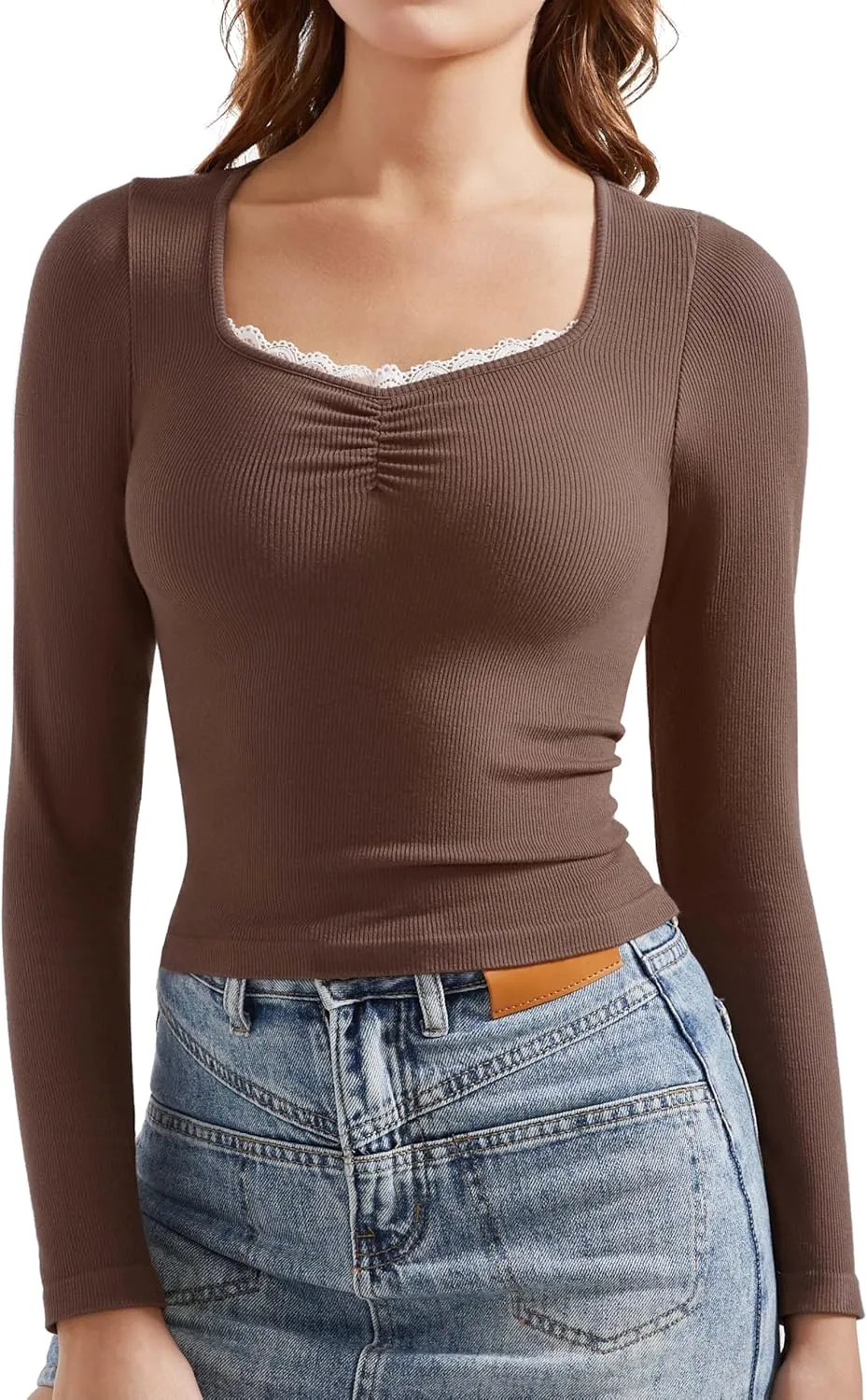 OMKAGI Women Long Sleeve Shirts Lace Trim Sweetheart Neck Y2K Top Ribbed Cotton Tee