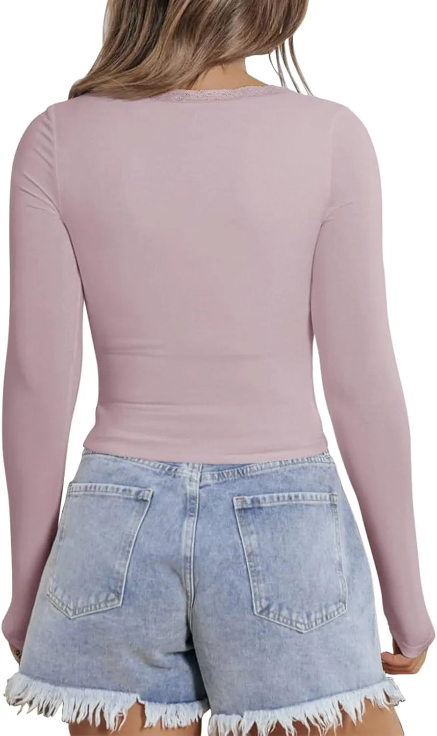 PINKMSTYLE Women Sexy V Neck Lace Long Sleeve Shirts Basic Fitted Double Lined Going Out Y2K Trendy Fall Tops