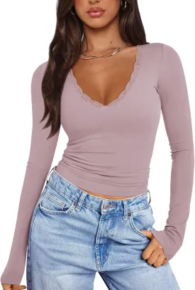 PINKMSTYLE Women Sexy V Neck Lace Long Sleeve Shirts Basic Fitted Double Lined Going Out Y2K Trendy Fall Tops