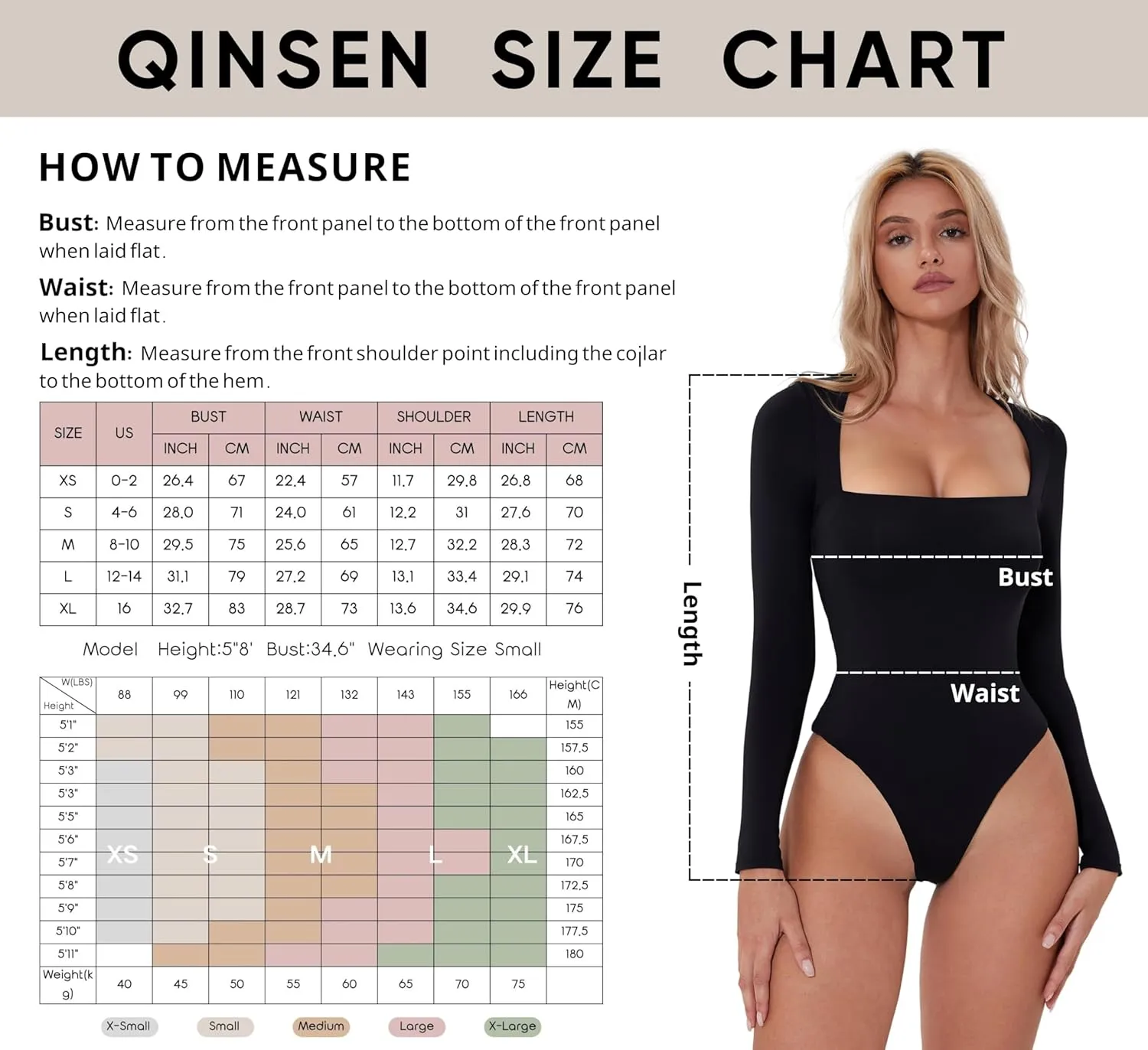 QINSEN Women's Sexy Square Neck Bodysuit Long Sleeve Double Lined Shirt Tops