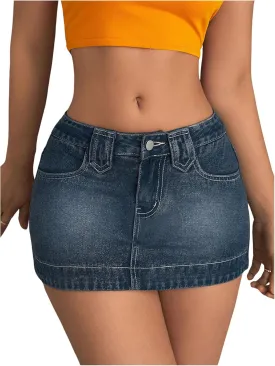 SHENHE Women's Low Rise Denim Mini Skirt Sexy Bodycon Jean Skirt with Pockets