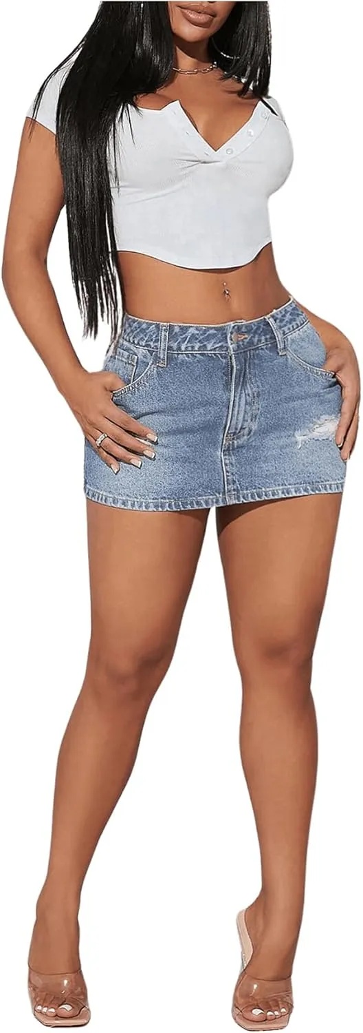 SHENHE Women's Ripped Low Rise Zip Fly Denim Skirt Sexy Y2k Vintage Jean Mini Skirt