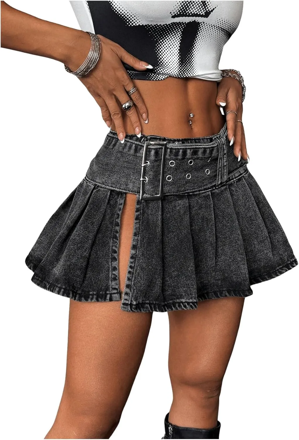 SHENHE Women's Y2k Low Rise Pleated Denim Mini Skirt Side Slit Sexy Punk Jean Micro Skirt