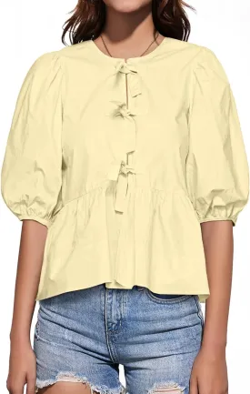 Tankaneo Womens Tie Front Tops Summer Peplum Babydoll Puff Short Sleeve Blouse Cute Cotton Shirts