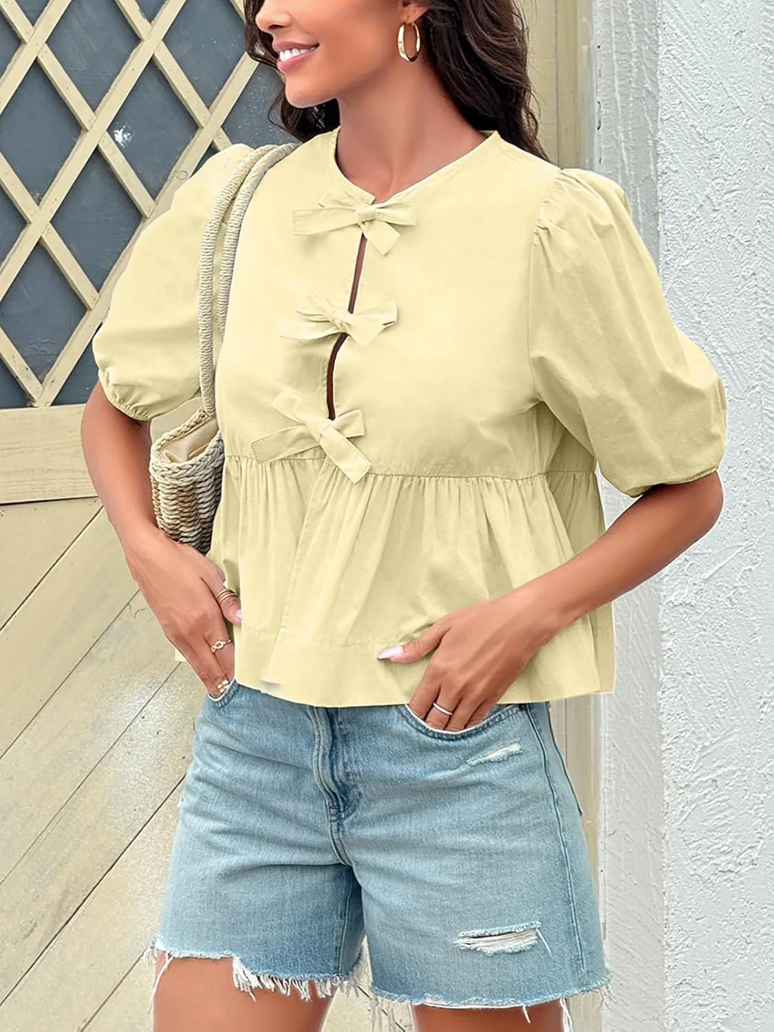 Tankaneo Womens Tie Front Tops Summer Peplum Babydoll Puff Short Sleeve Blouse Cute Cotton Shirts