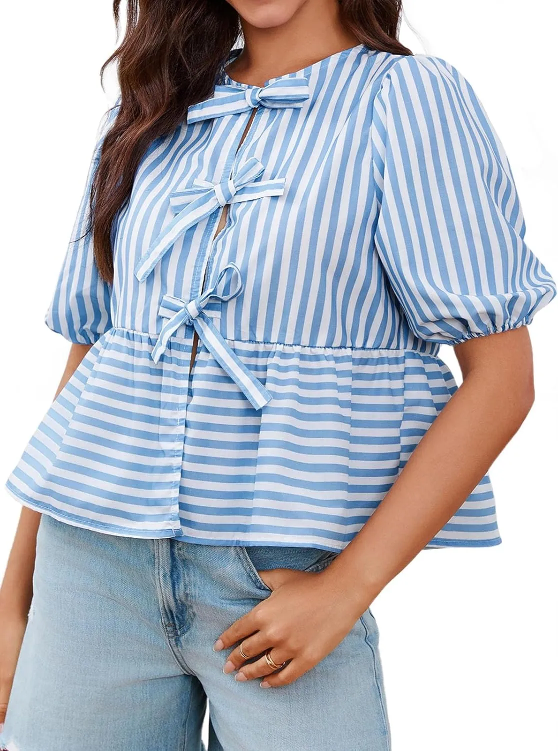 Tankaneo Womens Tie Front Tops Summer Peplum Babydoll Puff Short Sleeve Blouse Cute Cotton Shirts