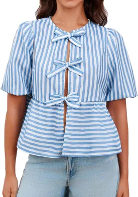 Tankaneo Womens Tie Front Tops Summer Peplum Babydoll Puff Short Sleeve Blouse Cute Cotton Shirts