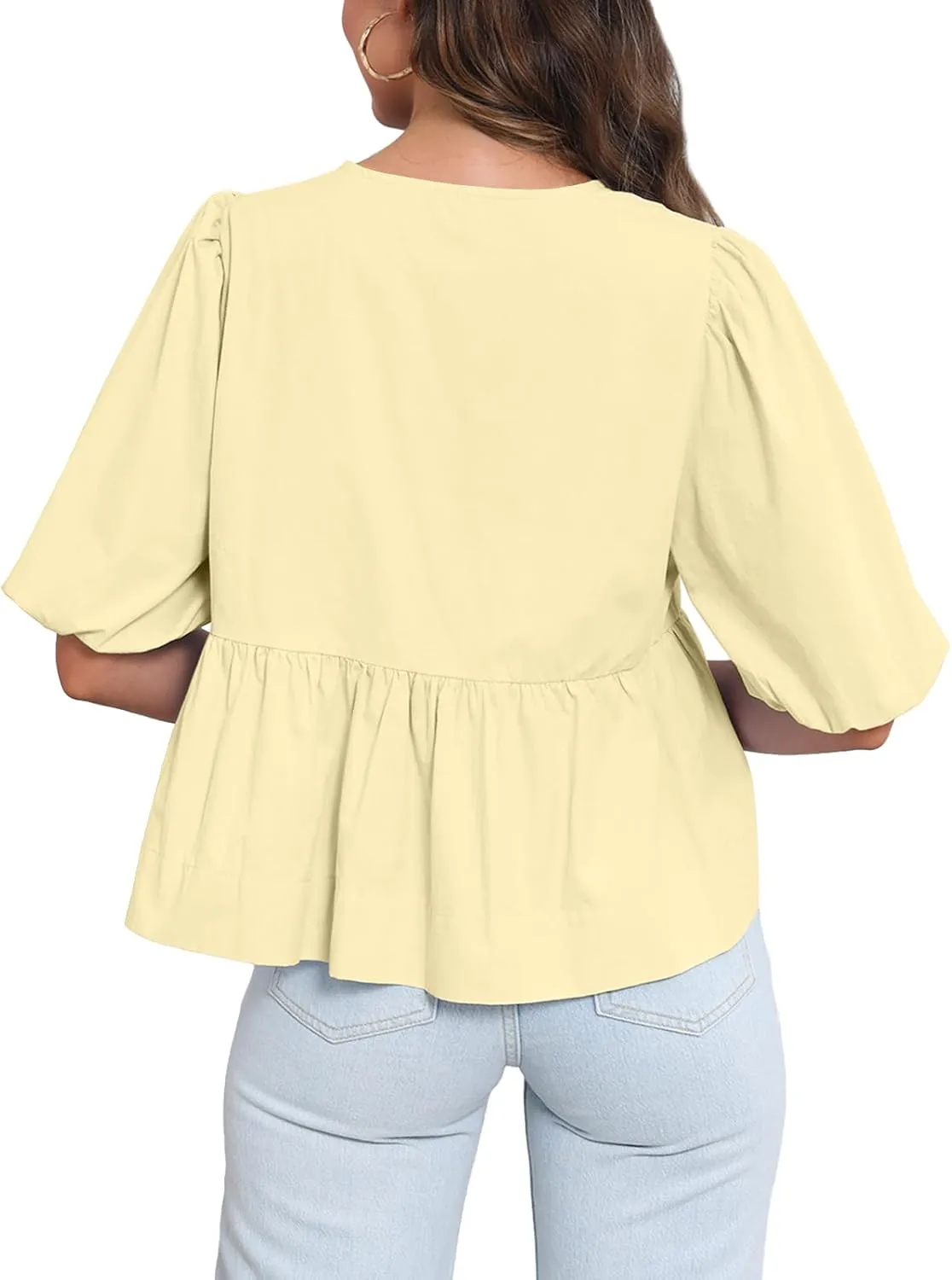 Tankaneo Womens Tie Front Tops Summer Peplum Babydoll Puff Short Sleeve Blouse Cute Cotton Shirts