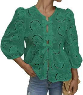 Tie Front Tops for Women Lace Coquette 3/4 Length Puff Sleeve Peplum Tops Babydoll Y2K Going Out Cute Tops