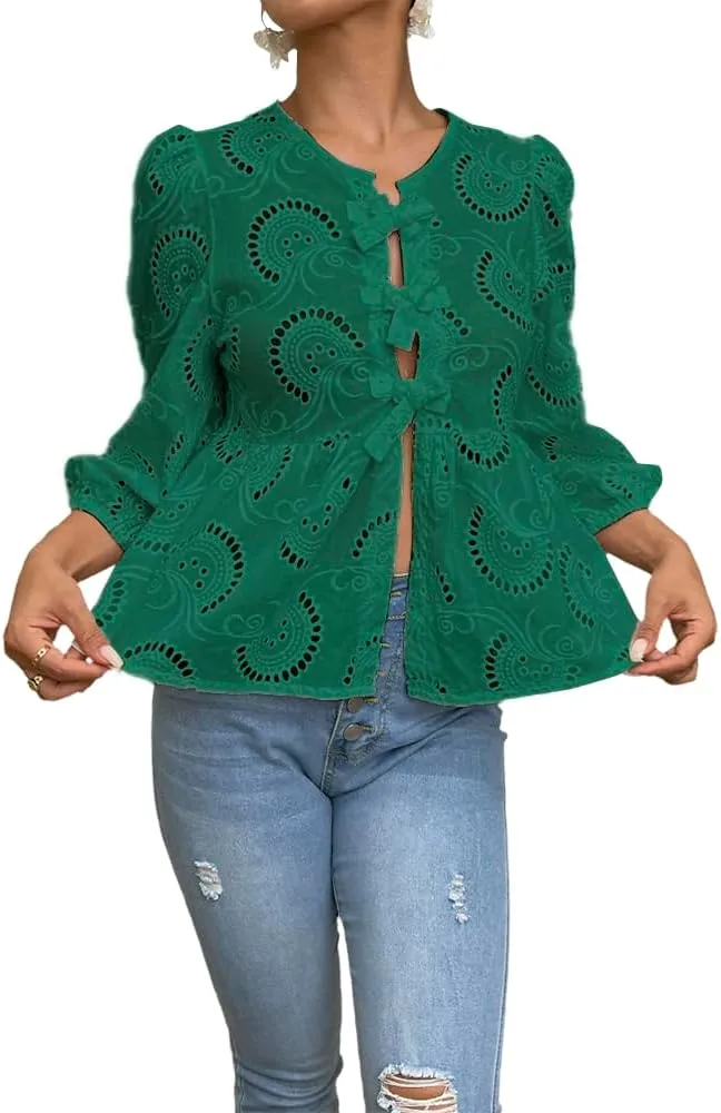 Tie Front Tops for Women Lace Coquette 3/4 Length Puff Sleeve Peplum Tops Babydoll Y2K Going Out Cute Tops