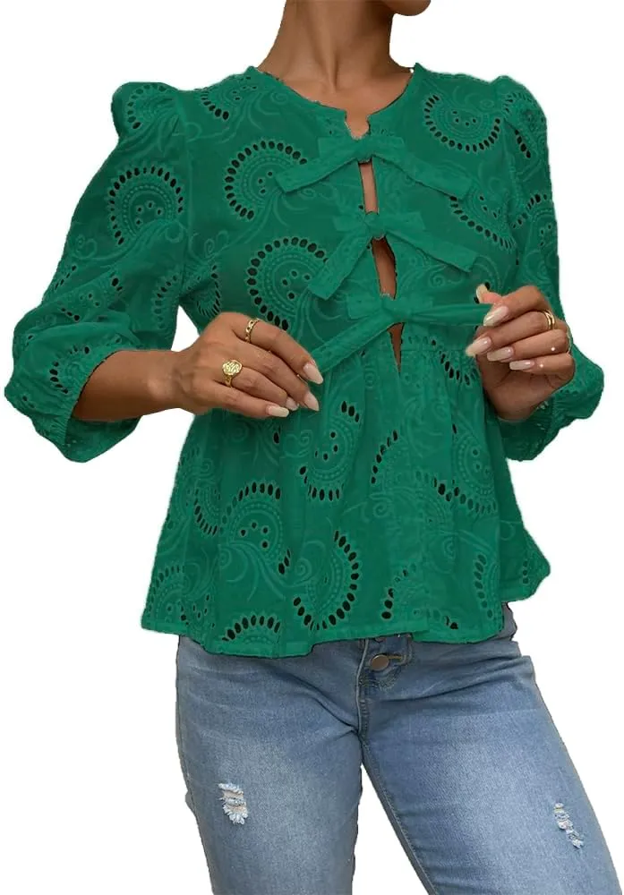 Tie Front Tops for Women Lace Coquette 3/4 Length Puff Sleeve Peplum Tops Babydoll Y2K Going Out Cute Tops