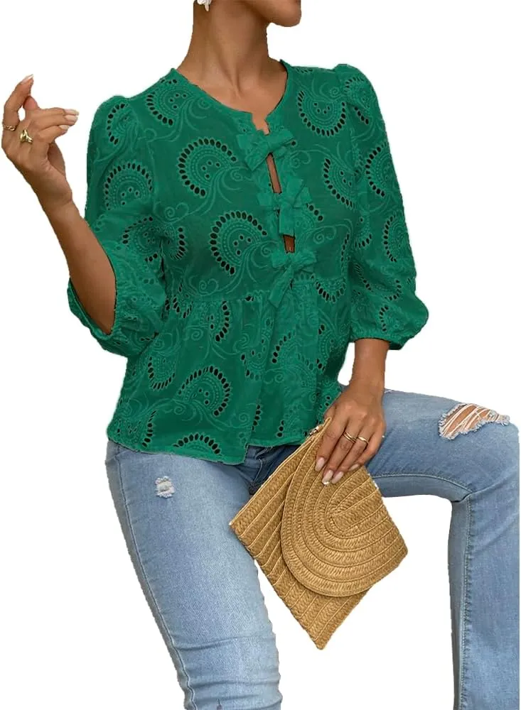 Tie Front Tops for Women Lace Coquette 3/4 Length Puff Sleeve Peplum Tops Babydoll Y2K Going Out Cute Tops