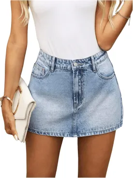 WDIRARA Women's Low Rise A Line Denim Mini Skirt Y2k Jean Skirt with Pockets